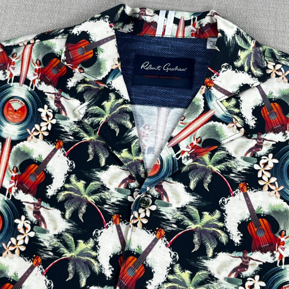 Robert Graham Button Up Shirt Mens Small Black Surf Vinyl Ukulele Tailored Fit